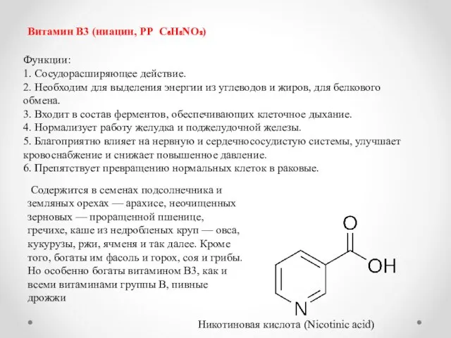 Витамин В3 (ниацин, РР C₆H₅NO₂) Функции: 1. Сосудорасширяющее действие. 2.