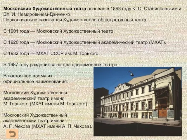 Московский Художественный театр основан в 1898 году К. С. Станиславским