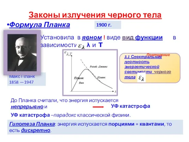 Законы излучения черного тела Формула Планка Установила в явном !