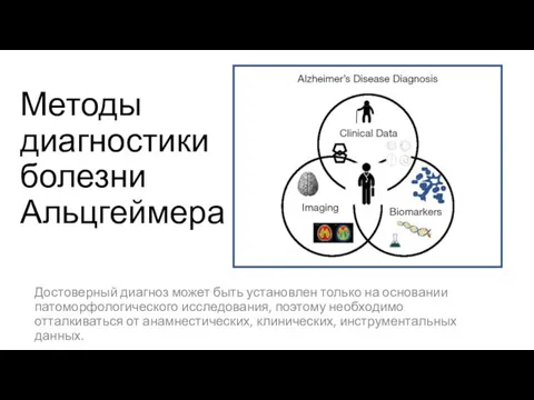 Методы диагностики болезни Альцгеймера Достоверный диагноз может быть установлен только