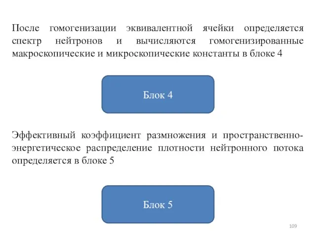 После гомогенизации эквивалентной ячейки определяется спектр нейтронов и вычисляются гомогенизированные