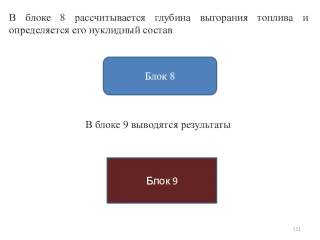 В блоке 8 рассчитывается глубина выгорания топлива и определяется его