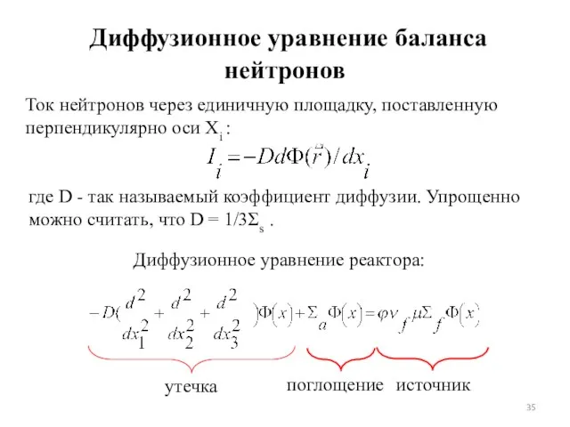 Диффузионное уравнение баланса нейтронов где D - так называемый коэффициент