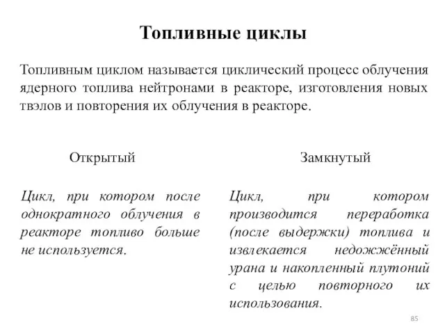 Топливные циклы Топливным циклом называется циклический процесс облучения ядерного топлива