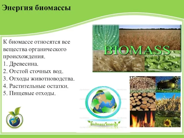 Энергия биомассы К биомассе относятся все вещества органического происхождения. 1.