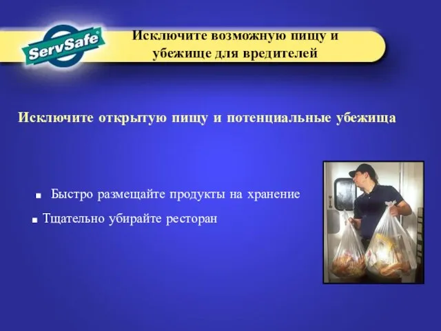 Исключите открытую пищу и потенциальные убежища Быстро размещайте продукты на