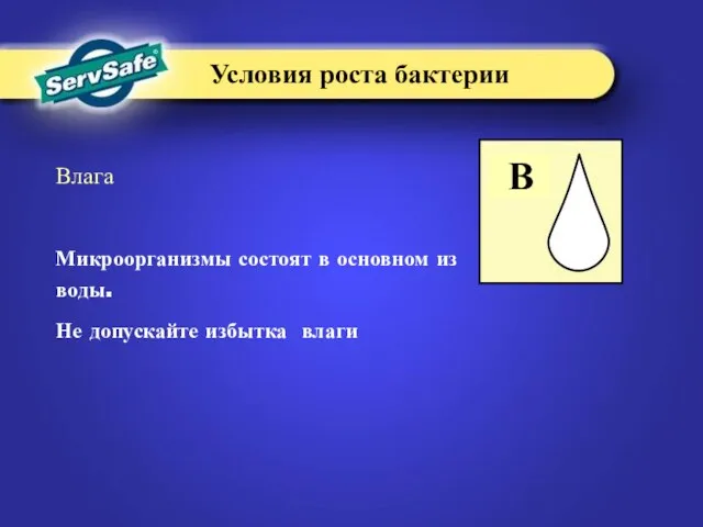 В Условия роста бактерии Влага Микроорганизмы состоят в основном из воды. Не допускайте избытка влаги