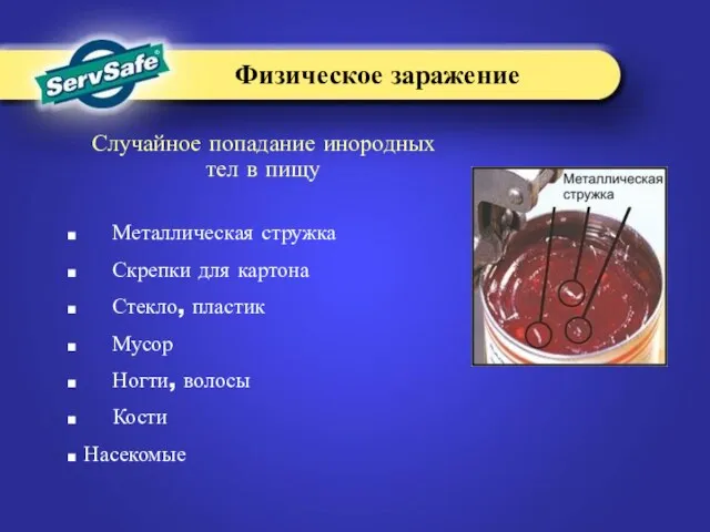 Случайное попадание инородных тел в пищу Металлическая стружка Скрепки для