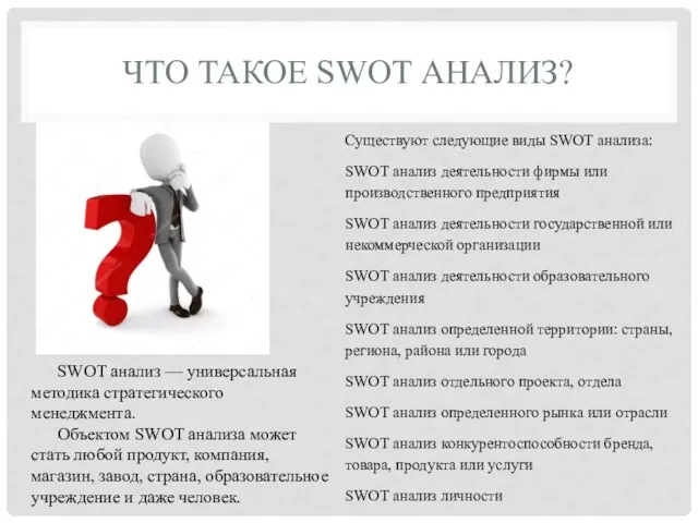 ЧТО ТАКОЕ SWOT АНАЛИЗ? SWOT анализ — универсальная методика стратегического