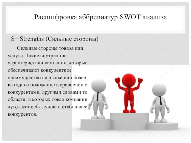 Расшифровка аббревиатур SWOT анализа S= Strengths (Сильные стороны) Сильные стороны