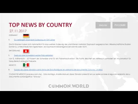 TOP NEWS BY COUNTRY 27.11.2017 GERMANY EU verlängert Glyphosat-Zulassung um
