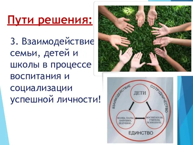 Пути решения: 3. Взаимодействие семьи, детей и школы в процессе воспитания и социализации успешной личности!