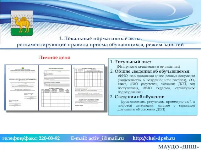 МАУДО «ДПШ» телефон/факс: 220-08-92 E-mail: activ_i@mail.ru http://chel-dpsh.ru 1. Локальные нормативные акты, регламентирующие правила