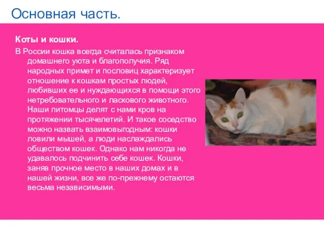 Основная часть. Коты и кошки. В России кошка всегда считалась признаком домашнего уюта