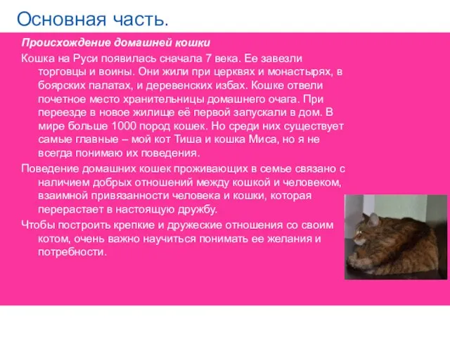 Основная часть. Происхождение домашней кошки Кошка на Руси появилась cначала 7 века. Ее