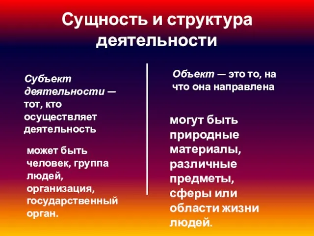 Сущность и структура деятельности Субъект деятельности — тот, кто осуществляет