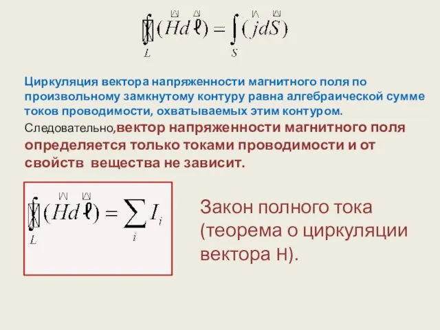 Закон полного тока (теорема о циркуляции вектора H). Циркуляция вектора