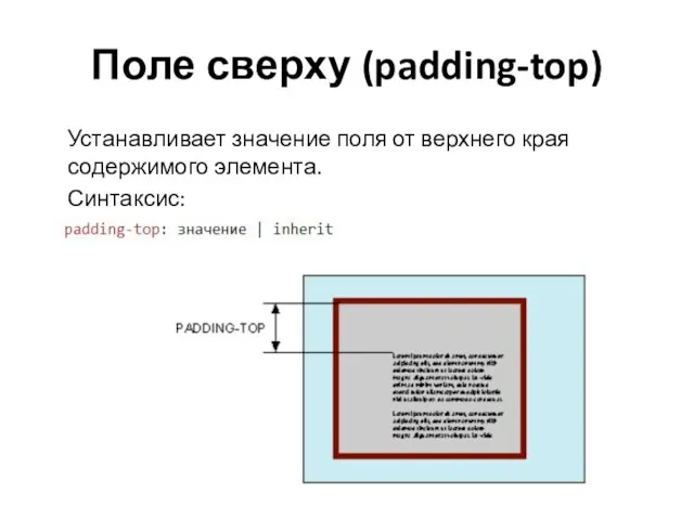 Поле сверху (padding-top) Устанавливает значение поля от верхнего края содержимого элемента. Синтаксис: