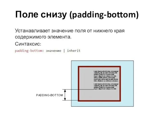 Поле снизу (padding-bottom) Устанавливает значение поля от нижнего края содержимого элемента. Синтаксис: