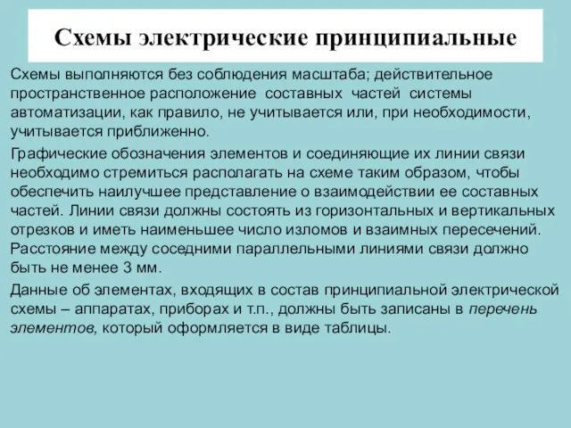 Схемы электрические принципиальные Схемы выполняются без соблюдения масштаба; действительное пространственное