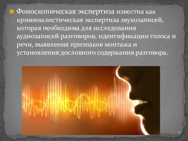 Фоноскопическая экспертиза известна как криминалистическая экспертиза звукозаписей, которая необходима для исследования аудиозаписей разговоров,