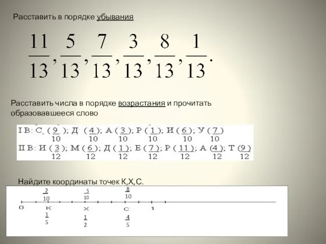 Расставить в порядке убывания Найдите координаты точек К,Х,С. Расставить числа