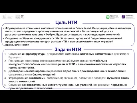 Цель НТИ Формирование комплекса ключевых компетенций в Российской Федерации, обеспечивающих