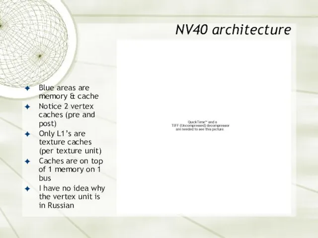 NV40 architecture Blue areas are memory & cache Notice 2 vertex caches (pre