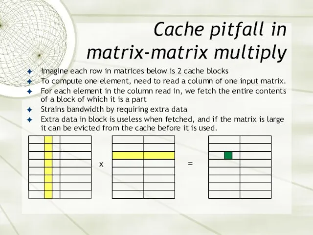 Cache pitfall in matrix-matrix multiply Imagine each row in matrices below is 2
