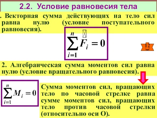 2.2. Условие равновесия тела Векторная сумма действующих на тело сил равна нулю (условие