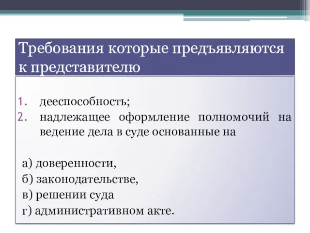 Требования которые предъявляются к представителю дееспособность; надлежащее оформление полномочий на