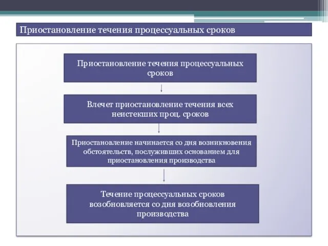 Приостановление течения процессуальных сроков Приостановление течения процессуальных сроков Влечет приостановление