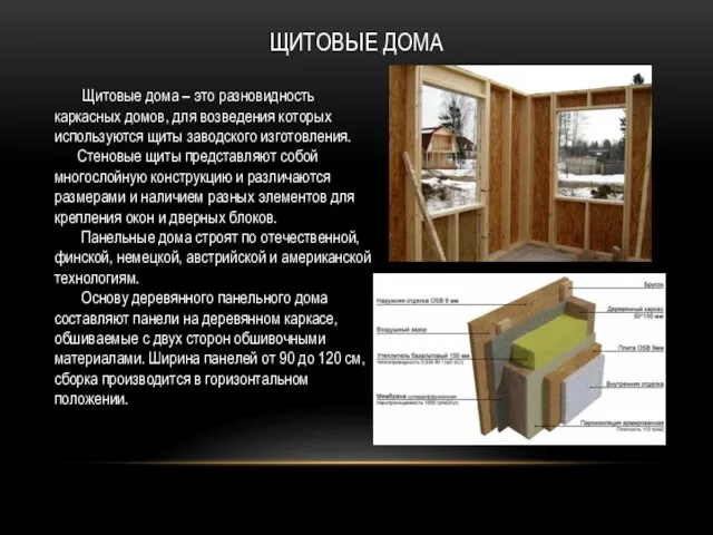 ЩИТОВЫЕ ДОМА Щитовые дома – это разновидность каркасных домов, для