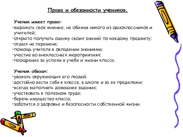 Права и обязанности учеников. Ученик имеет право: выражать свое мнение,