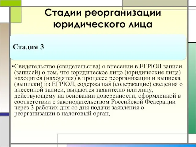 Стадии реорганизации юридического лица Стадия 3 Свидетельство (свидетельства) о внесении