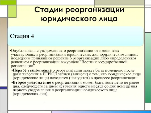 Стадии реорганизации юридического лица Стадия 4 Опубликование уведомления о реорганизации