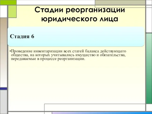 Стадии реорганизации юридического лица Стадия 6 Проведение инвентаризации всех статей