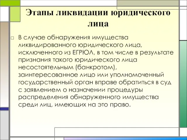 Этапы ликвидации юридического лица В случае обнаружения имущества ликвидированного юридического