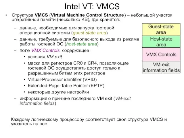 Intel VT: VMCS Структура VMCS (Virtual Machine Control Structure) –