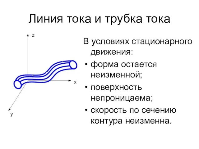 Линия тока и трубка тока В условиях стационарного движения: форма остается неизменной; поверхность