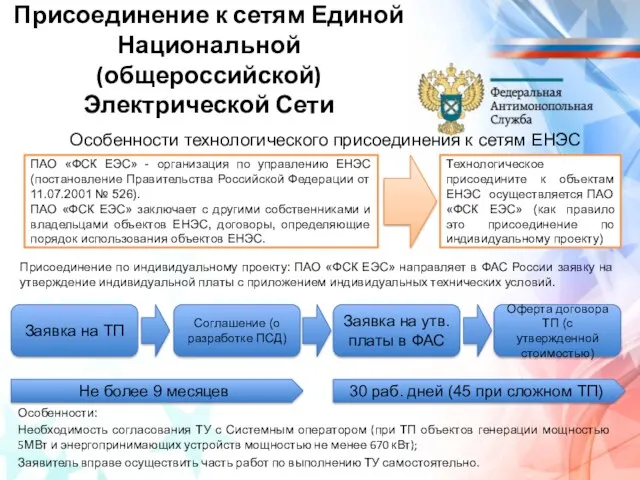 Присоединение к сетям Единой Национальной (общероссийской) Электрической Сети Особенности технологического