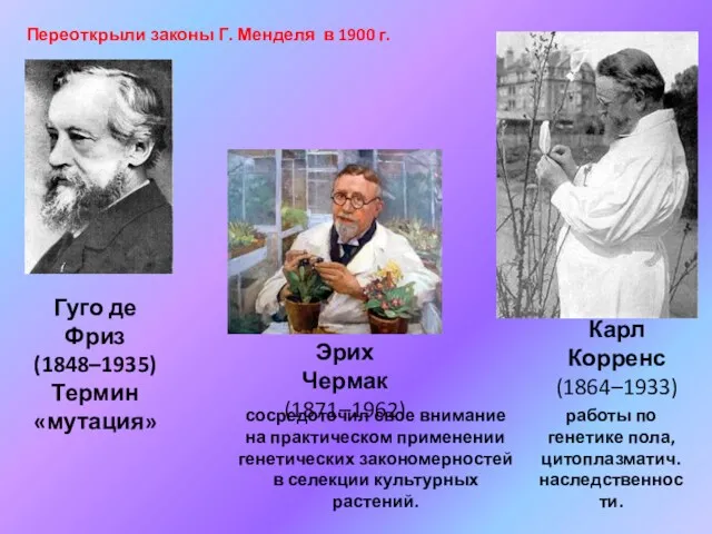 Гуго де Фриз (1848–1935) Термин «мутация» сосредоточил свое внимание на