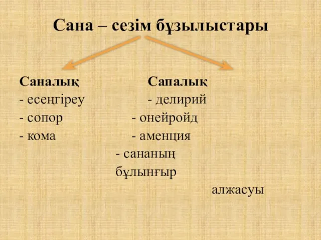 Сана – сезім бұзылыстары Саналық Сапалық - есеңгіреу - делирий