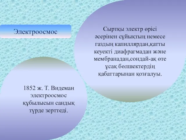 Электроосмос Сыртқы электр өрісі әсерінен сұйықтың немесе газдың капиллярдан,қатты кеуекті