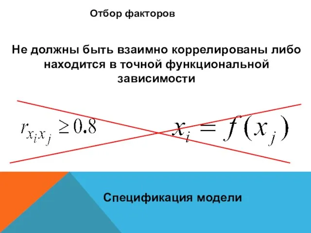 Спецификация модели Отбор факторов Не должны быть взаимно коррелированы либо находится в точной функциональной зависимости