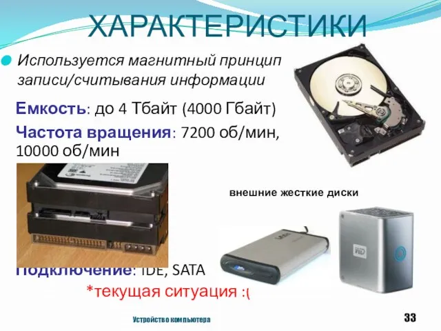 ХАРАКТЕРИСТИКИ Используется магнитный принцип записи/считывания информации Устройство компьютера Емкость: до 4 Тбайт (4000
