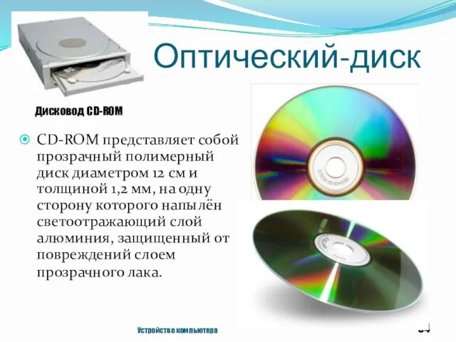 Оптический-диск CD-ROM представляет собой прозрачный полимерный диск диаметром 12 см и толщиной 1,2