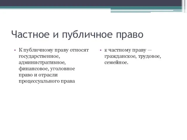 Частное и публичное право К публичному праву относят государственное, административное,