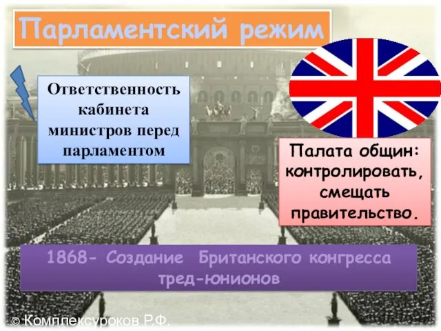Парламентский режим Ответственность кабинета министров перед парламентом Палата общин: контролировать, смещать правительство. 1868-