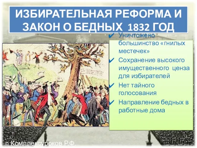 ИЗБИРАТЕЛЬНАЯ РЕФОРМА И ЗАКОН О БЕДНЫХ 1832 ГОД Уничтожено большинство «гнилых местечек» Сохранение